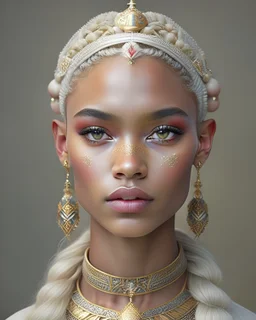 portrait d'une magnifique princesse. Elle a la peau noire. Ses cils, ses sourcils et ses cheveux sont blancs. C'est une guerrière. Son visage est marqué par quelques cicatrices. Elle a un regard froid et fronce légèrement les sourcils. Elle a beaucoup combattu. La moitié de son crâne est rasée. Elle a de longs cheveux ondulés. Elle semble très forte. Elle porte des ornements.