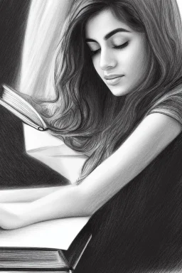 Pencil sketch of Young woman, Arab features,sad, long wavy hair, reading a book, full body، on lined paper