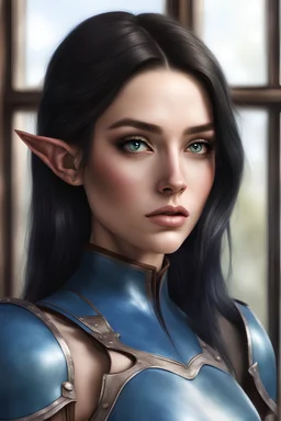 beautiful pale female, half elf, black silky straight shoulder length hair, blue leather armor with white frills, shoulder to waist belt, brown travelling boots, standing near window, plant on pot, brown dark eyes, realism, realistic, photorealistic, fullbody shot