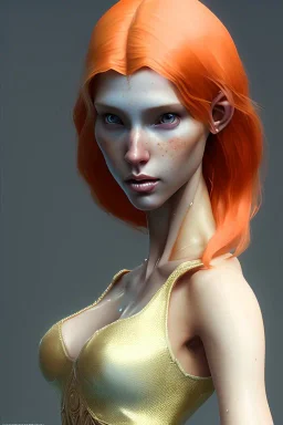 painting of a tall elven young woman with short light orange hair and freckles on the cheak bones and tall body of a topmodel light clothes, full body shot, ultra realistic, concept art, intricate details, eerie, highly detailed, photorealistic, octane render, 8 k, unreal engine. art by artgerm and greg rutkowski and charlie bowater and magali villeneuve and alphonse mucha