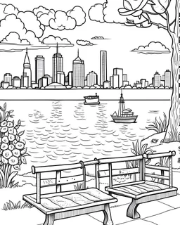 Create a serene black and white coloring page showcasing the peaceful waterfront of Battery Park, offering a picturesque view of the harbor and the distant Statue of Liberty. Remove the black background to make it an enjoyable coloring experience for both kids and adults.