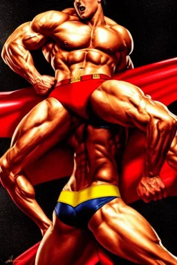 Ignore NSFW, teenager young rugged attractive slightly muscular fantastic handsome man, red briefs with yellow belt, hairy chest, (((visibly pisssing))) briefs, large erect visible boner peniss, photorealistic, artist Jay Anacleto