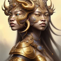 Sango fantasy, fantasy magic, intricate, sharp focus, illustration, highly detailed, digital painting, concept art, matte, art germ and Paul Lewin and Kehinde Wiley, masterpiece Indonesian lady head bronze tiger Asian African girl nice breast Hawaiian hair turquoise silver waves