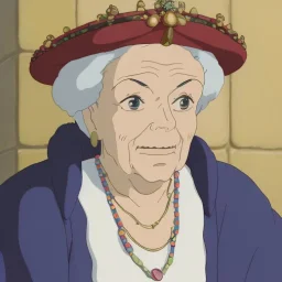 very very old woman, head and shoulders portrait, Queen in court dress, wearing a small, high ruff, a jeweled cap with feather, two gold chains and a cloak over his doublet, which is embroidered