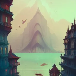 Como lake+detailed facades+Book illustration by Gediminas Pranckevičius,Jean Baptiste Monge,Brian Kesinger,Anton fadeev,Kilian Eng,strong lines,high contrast vibrant colors,highly detailed,16k resolution,trending on behance