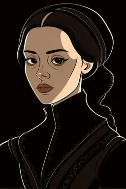 A portrait of a 30-years old aristocrat woman from XV century in strict dark clothes, authoritative, cold, emotionless, in the style of Genndy Tartakovsky's cartoons, no headdress