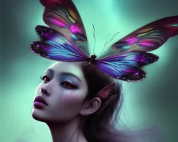 Beautiful mystical butterfly portrait, dark fantasy, romanticism, acrylic paint, chinese painting, magazine, highly detailed, ethereal, otherworldly, backlighting, rays of shimmering light, persian empire, artstation, silver, purple, black, teal, aqua, yellow, olive, vibrant, intricate,