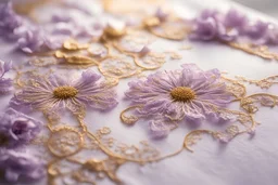 Lace embroidered with gold and lilac silk thread, flowers, melting watercolor and black ink outlines on wet paper, soft, shading strokes, in sunshine, ethereal, otherwordly, cinematic postprocessing, bokeh, dof