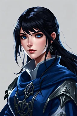 portrait; semi-realistic; solid background; dungeons and dragons; human; female; glossy black hair; blue eyes; noble; scholar; blue and silver clothes