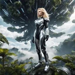 Wide-angle photo of a slim sci-fi woman with blond hair, wearing a silver and black futuristic android-like spacesuit, standing on an alien cloud tree jungle planet