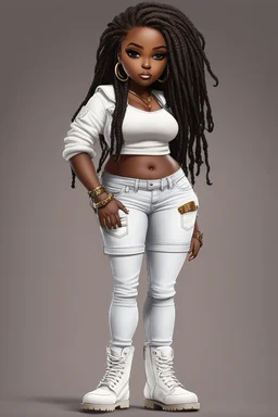 create a digital image of a plus size chibi dark skinned Black female wearing a white jean outfit with timberland boots. Prominent make up with brown eyes. Highly detailed dread locs 2k