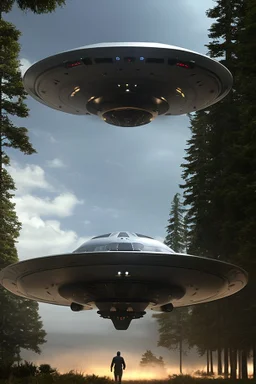 school kids see 1 ufo flying over tall pine trees, concept art, by Asaf Hanuka, by Weta Digital, Electric Colors, Screen Space Global Illumination, in a symbolic and meaningful style, the craft has flat bottom,3 large lights underneath glow with intense fury, kids running up to craft with wonder