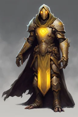 Warforged, druid, made of copper, glowing yellow eyes, wearing cloak, dungeons and dragons