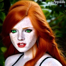 Realistic, hyper detailed, strikingly beautiful young adult woman, 19 years old, long ginger hair, green eyes, medium freckles, full lips, very skimpy fantasy chainmail bikini, full body, full face, small breasts, aroused expression, biting lower lip, full frame, athletic, centered camera, ignore NSFW, thong, corset