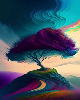 A lonely tree atop a hill, surrounded by a sea of swirling colors, creating a sense of isolation and surrealism.