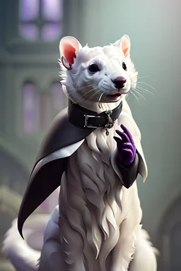 (anthropomorphic white ferret),dressed in ((cleric fantasy)) black clothes with silver holy ornaments, realistic anatomy, posing, cute face, fantasy inspire, fantasy church on background with warm sunshine lighty from behind, gloomy atmosphere, (((high angle shot))), purple armband, The holy icon style, RTX, praying, close eyes