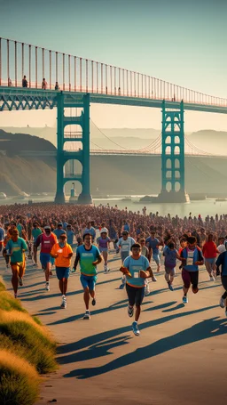 A lot of people running on San Francisco golden bridge , escaping an ufo alien attack above
