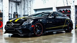 A black tuned Mercedes-Benz CLS 550 Shark with yellow stripes and red, black and blue rims parked in a luxury garage with a birch theme.