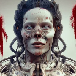 a 18 year old viking, blood in a bright red color flows down the face, hr giger, steam punk, realistic, made in octane, cinematic, ultra-realistic, extremely detailed octane rendering, 8K, VRAY Super Real ar 2:3, dof photorealistic futuristic 50mm lens hard lighting dark gray tintype photograph, realistic lighting, sepia color