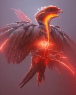 A beautiful portrait of a cyborg phenix bird ,fire red colour wings, high key lighting, volumetric light ,high details ,psychedelic background