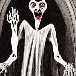 nosferatu vampire with white skin yellow eyes and tentacles and four long arms and fingers