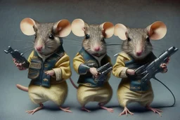 pulp-fiction costumed taxidermy mice with guns in hands