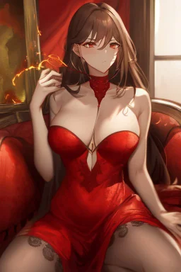 A stunning, seductive woman in a fiery red dress, casting a shy glance over her shoulder.