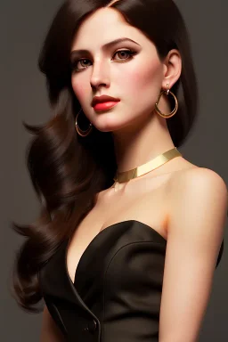 young business woman, brown hair, dark orange eyes, hoop earrings, red blouse, elegant, dark eyeshadow, black eyeliner, high arch angular eyebrows, head and shoulders portrait, 8k resolution, Artgerm, WLOP, Alphonse Mucha dynamic lighting, hyperdetailed, intricately detailed