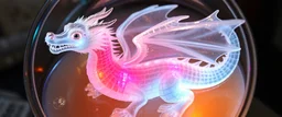 The image depicts a fantastical duck snow soup, specifically a transparent dragon with neon flash aura, with a unique and whimsical appearance. The dragon is positioned in a circular frame, which suggests it might be inside a container or a vessel. The dragon's body is elongated and has a segmented appearance, with a detailed texture that gives it a realistic look. Its head is covered with white, spiky hair, adding to its fantastical charm. The dragon's wings are large and spread out