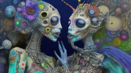 Surreal artwork entitled "Homo Consumerist licks the Bufo alvarius"; A partially skeletonized Celebrity couple on a psychedelic trip wearing clothes made out of bits and pieces of colorful garbage collected on a 5-meo-dmt trip; mixed media including thread, leather, plaid, jewels, feathers, foliage, and flowers; Neo-surrealism, psychedelic, iridescent