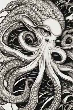 Create a captivating modern 2d ink tattoo design for print , prestigious (Sacred Octopus) using the elegant influences of japan art style, for print, dynamic elements from fashion and design, and bold Japanese contemporary art aesthetics, framing centered in the center, distanced from the edges of the paper perimeter, perfect anatomy, bauhaus, Divine Proportion,