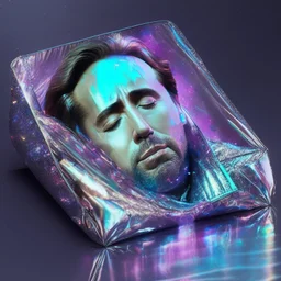 Nicolas Cage sleeping in holographic foil