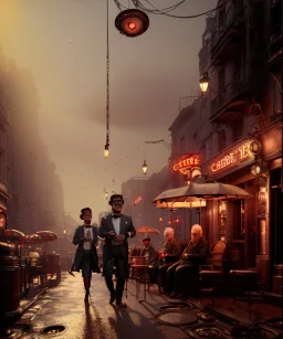 cabaret scene, steampunk. old man and little monkey, Sunglasses, rain, smoking, happy, hot. Many people background, highly detailed, concept art, unreal engine 5, god rays, ray tracing, RTX, lumen lighting, ultra detail, volumetric lighting, 3d, finely drawn, high definition, high resolution.