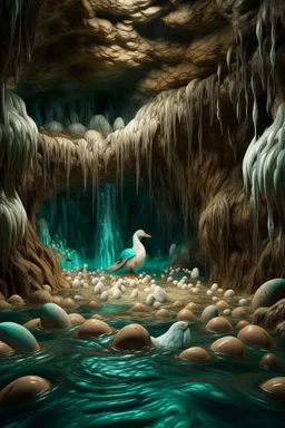 A cave with covered with waterfalls under water beast creature among organic eggs ,