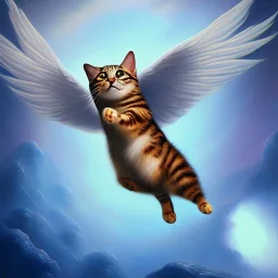 A flying cat with wings. Oil painting.