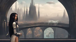 Exotic sci-fi skinny girl, with long dark hair, in an alien city, tall spires, buildings, bridges, and arches
