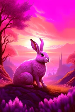 Majestic rabbit pink tones fantasy landscape