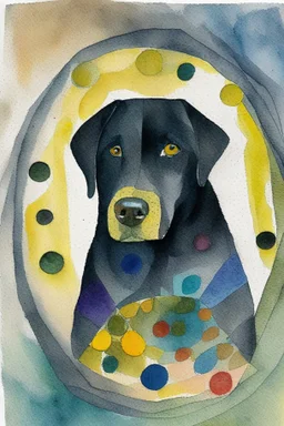 abstract watercolour of a black Labrador dog’s head in the style of paul klee with bifurcated circles