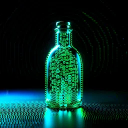 A digital message in a glass bottle. The message is the creation of artificial intelligence.