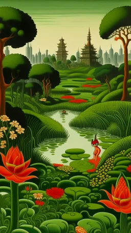 A green swamp with fiery orange lilies near a city designed in Japanese Oni masks painted by Henri Rousseau