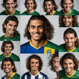 85mm DSLR color photography of a very detailed headshot fitting all of head and hair in frame. 23-year-old Brazilian soccer player, with and with no facial hair and has a with a small smile, grey background has a soft look on his face has smooth long hair