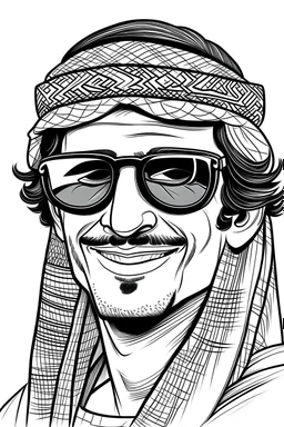 funny Young man with sunglasses saudi characters drawing black & white with sandwish