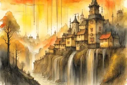 Szentendre, by Jean-Baptiste Monge, waterfall, reflection, sunrise, Misty morning smooth intricate high definition beautiful lighting pencil sketch watercolor polished warm light LNF double exposure S<AI watercolor and ink, intricate details, fantasy, beautiful, award winning, colorful, fantastic view, crisp quality, in sunshine