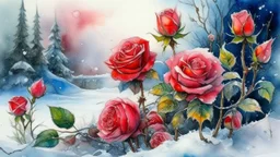 magic Winter landscape, blooming roses in the snow. Jean-Baptiste Monge style, watercolor, ink. Picturesque and colorful. Bright colors of the ring exquisitely luxury chic aesthetics photo harmony professional photo 64K pixel graphics high detail bright lighting