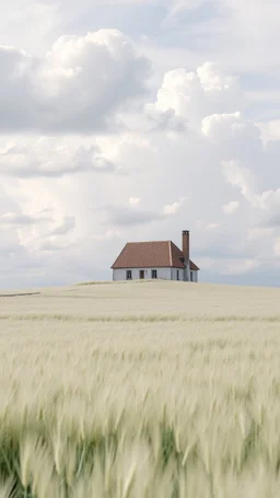White fathers covering a house in a white field of white barley with a white clouds in the background,