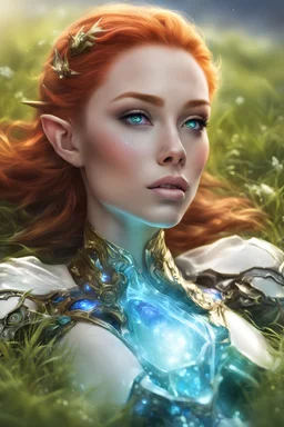 female elf, high cheekbones, white high tech armor, armored jaw, armored neck, glowing blue crystal in the center of the armor, laying at grassfield, laying on the back, single character, bright red hair, green eyes, photorealistic, realism, realistic, cybernetic jaw, bokeh