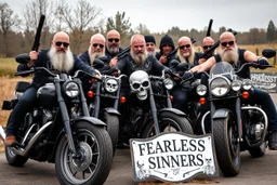 a very hard and tuff motorcycle bald gang, posing with their Harley Davidsson bikes, some of them holding guns and shotguns, a logo sign with Falköpings HD Club, "Fearless sinners" Skulls and bones, skeletons