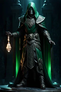 highly detailed marble and jade sculpture of a male necromancer, full body shot, stunning face, volumetric fog, Hyperrealism, breathtaking, ultra realistic, unreal engine, ultra detailed, cyber background, Hyperrealism, cinematic lighting, highly detailed, breathtaking, stunning environment