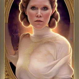 square framed complete and ultra realistic detailed head to waist stunning portrait of young carrie fisher as Princess Leia with realistic hairstyle by Mandy Jurgens and mucha and Richard Schmid and chuck close and chie yoshii, extraordinary and detailed ceremony dress of star wars,brown eyes