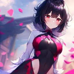 Clear focus,High resolution, black short fluffy hair, long fluffy bangs, and red eyes, Depressed girl, wearing a revealing outfit, tight, pink heart eyes